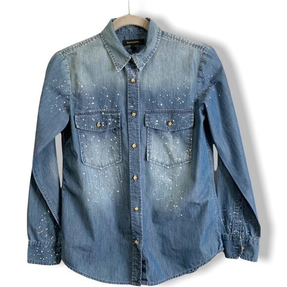 BANANA REPUBLIC 100% Cotton Paint Spatter Print Chambray Button Up LS Shirt XS - Picture 3 of 10